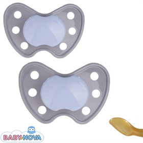 Skånesutter med navn (grå med lyseblå knop) latex str. 1. Pakke med 2 stk. sutter